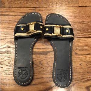 Tory Burch Navy and Woven Buckle Sandle